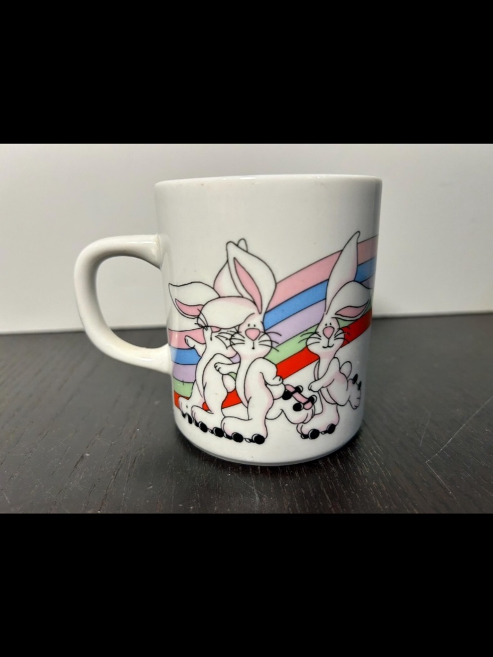 Vintage Roller Skating Bunnies/Rabbits with Rainbow Coffee Mug/Coffee Cup 1980s